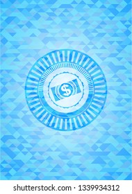 money, dollar bill icon inside realistic sky blue mosaic emblem