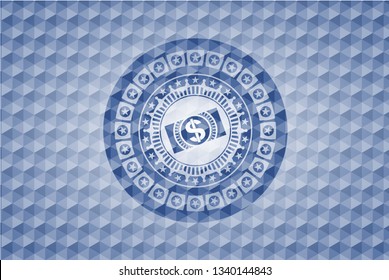 money, dollar bill icon inside blue polygonal emblem.