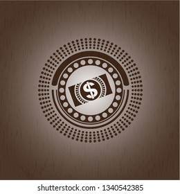 money, dollar bill icon inside wood emblem. Retro