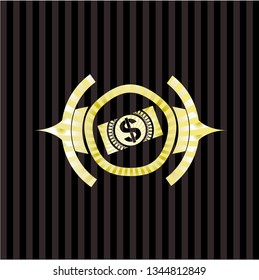 money, dollar bill icon inside gold badge or emblem