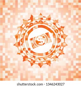 money, dollar bill icon inside abstract orange mosaic emblem