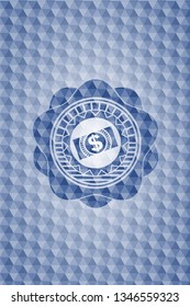 money, dollar bill icon inside blue badge with geometric background.