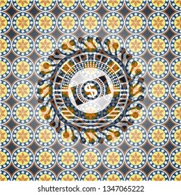 money, dollar bill icon inside arabic style emblem. Arabesque decoration.