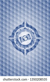 money, dollar bill icon inside blue emblem or badge with geometric pattern background.