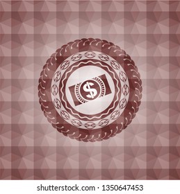 money, dollar bill icon inside red badge with geometric pattern background. Seamless.