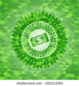 money, dollar bill icon inside green emblem with triangle mosaic background