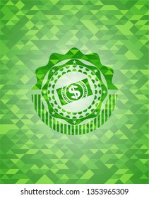 money, dollar bill icon inside green emblem with triangle mosaic background