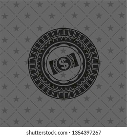 money, dollar bill icon inside dark badge or emblem