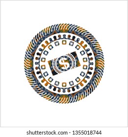 money, dollar bill icon inside arabic badge. Arabesque decoration.