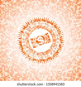 money, dollar bill icon inside orange tile background illustration. Square geometric mosaic seamless pattern with emblem inside.