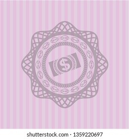 money, dollar bill icon inside realistic pink emblem