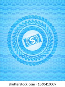 money, dollar bill icon inside water representation emblem background.