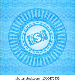 money, dollar bill icon inside water wave badge.