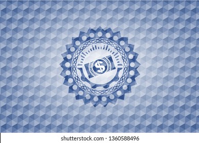 money, dollar bill icon inside blue badge with geometric pattern background.