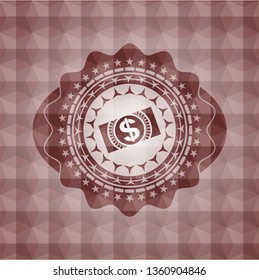 money, dollar bill icon inside red seamless emblem or badge with geometric pattern background.