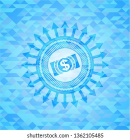 money, dollar bill icon inside sky blue emblem with mosaic ecological style background