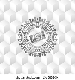 money, dollar bill icon inside grey emblem. Vintage with geometric cube white background