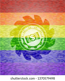 money, dollar bill icon inside emblem on mosaic background with the colors of the LGBT flag