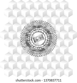 money, dollar bill icon inside retro style grey emblem with geometric cube white background