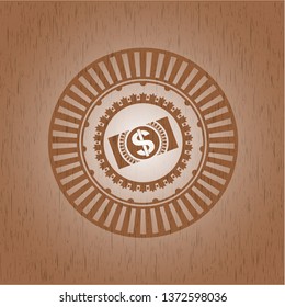 money, dollar bill icon inside retro style wooden emblem