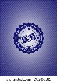 money, dollar bill icon inside emblem with denim high quality background