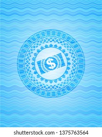 money, dollar bill icon inside water wave representation badge background.