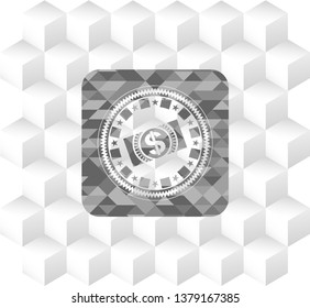 money, dollar bill icon inside grey icon or emblem with geometric cube white background