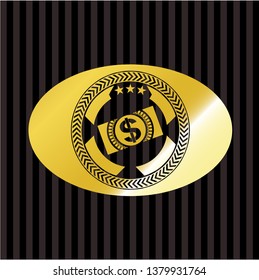 money, dollar bill icon inside gold shiny badge