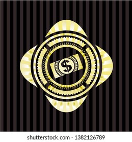 money, dollar bill icon inside gold emblem