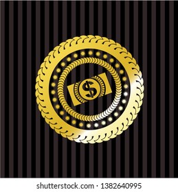 money, dollar bill icon inside gold badge or emblem