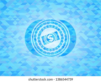 money, dollar bill icon inside sky blue emblem with triangle mosaic background