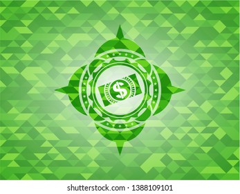 money, dollar bill icon inside green emblem with mosaic ecological style background