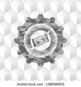 money, dollar bill icon inside grey emblem with geometric cube white background