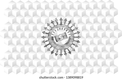 money, dollar bill icon inside realistic grey emblem with cube white background