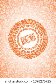money, dollar bill icon inside abstract orange mosaic emblem
