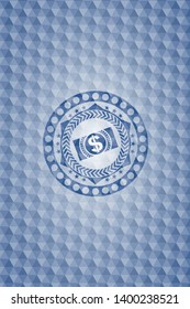 money, dollar bill icon inside blue emblem or badge with geometric pattern background.