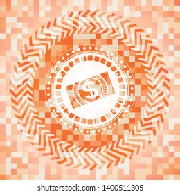 money, dollar bill icon inside abstract emblem, orange mosaic background