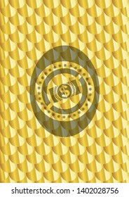 money, dollar bill icon inside gold shiny emblem. Scales pattern. Vector Illustration. Detailed.