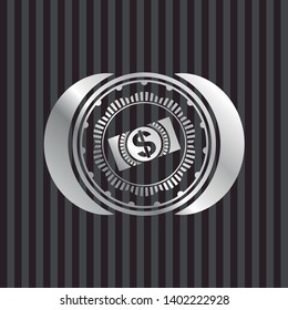 money, dollar bill icon inside silver emblem or badge