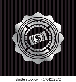 money, dollar bill icon inside silver shiny badge