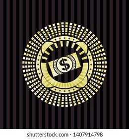 money, dollar bill icon inside gold emblem