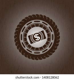 money, dollar bill icon inside vintage wooden emblem