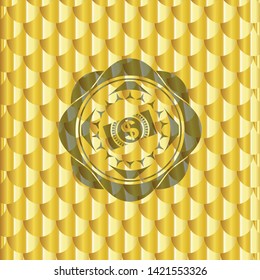 money, dollar bill icon inside golden badge. Scales pattern. Vector Illustration. Detailed.