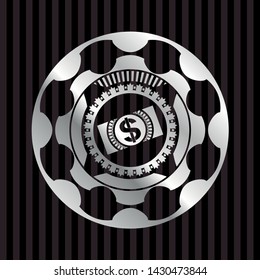 money, dollar bill icon inside silvery shiny badge