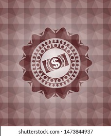 money, dollar bill icon inside red emblem or badge with abstract geometric polygonal pattern background. Seamless.