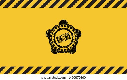 money, dollar bill icon inside warning sign, black grunge emblem. Vector Illustration. Detailed.