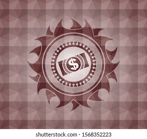 money, dollar bill icon inside red emblem with geometric pattern background. Seamless.