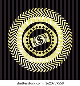 money, dollar bill icon inside golden badge
