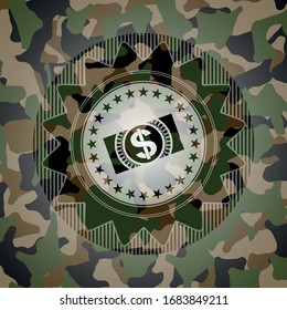 money, dollar bill icon inside camouflaged emblem