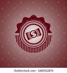 money, dollar bill icon inside realistic red emblem